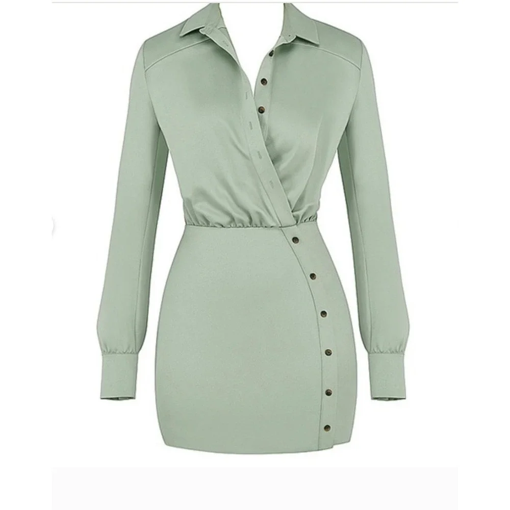 Mistress Rocks Sage Green Satin Long Sleeve Mini Dress XS New With Tags - Picture 4 of 8